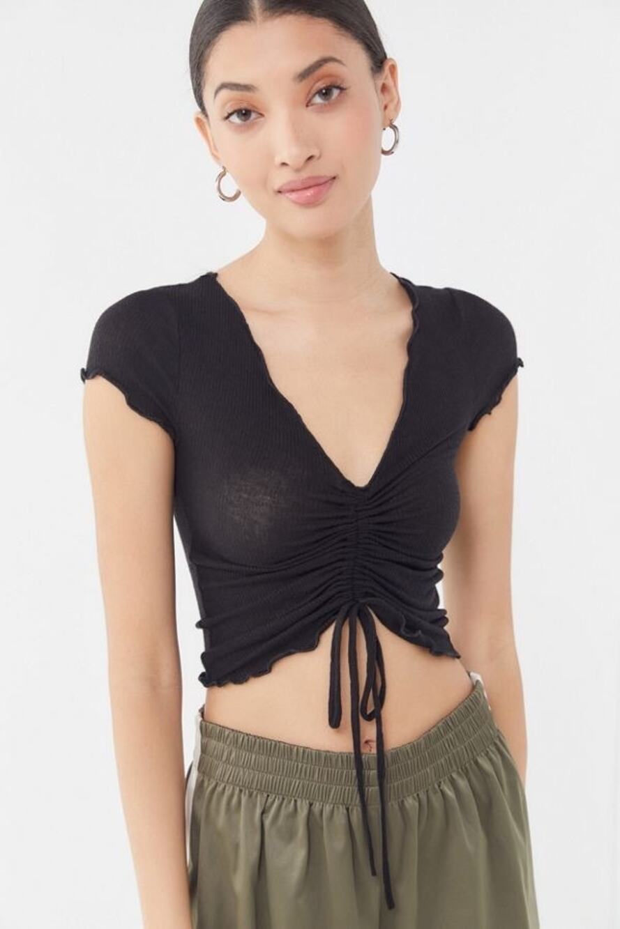 Olivia Rae Y2K Black Ruched Drawstring Crop Top Lettuce Trim V-Neck Baby Tee- M
